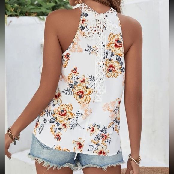 Boho Floral Print Keyhole Back Halter Neck Lace Tie Back Top Blouse Shirt - Picture 2 of 14